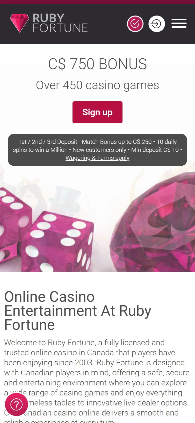 Ruby Fortune Casino mobile homepage showing the C$750 bonus strip