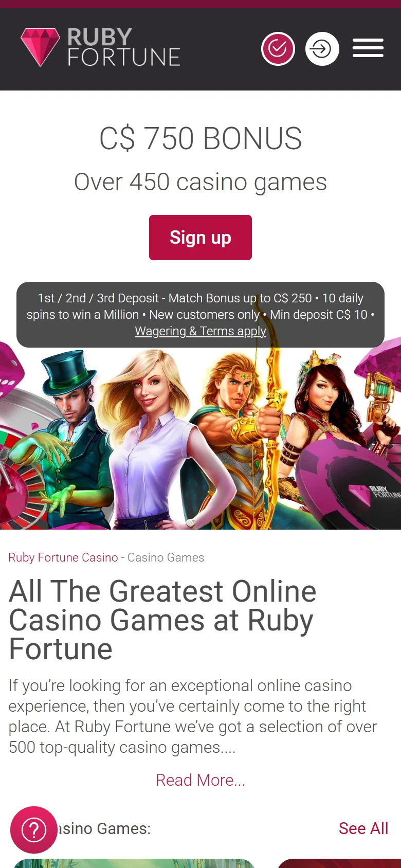 Ruby Fortune Casino mobile casino games page listing the game categories