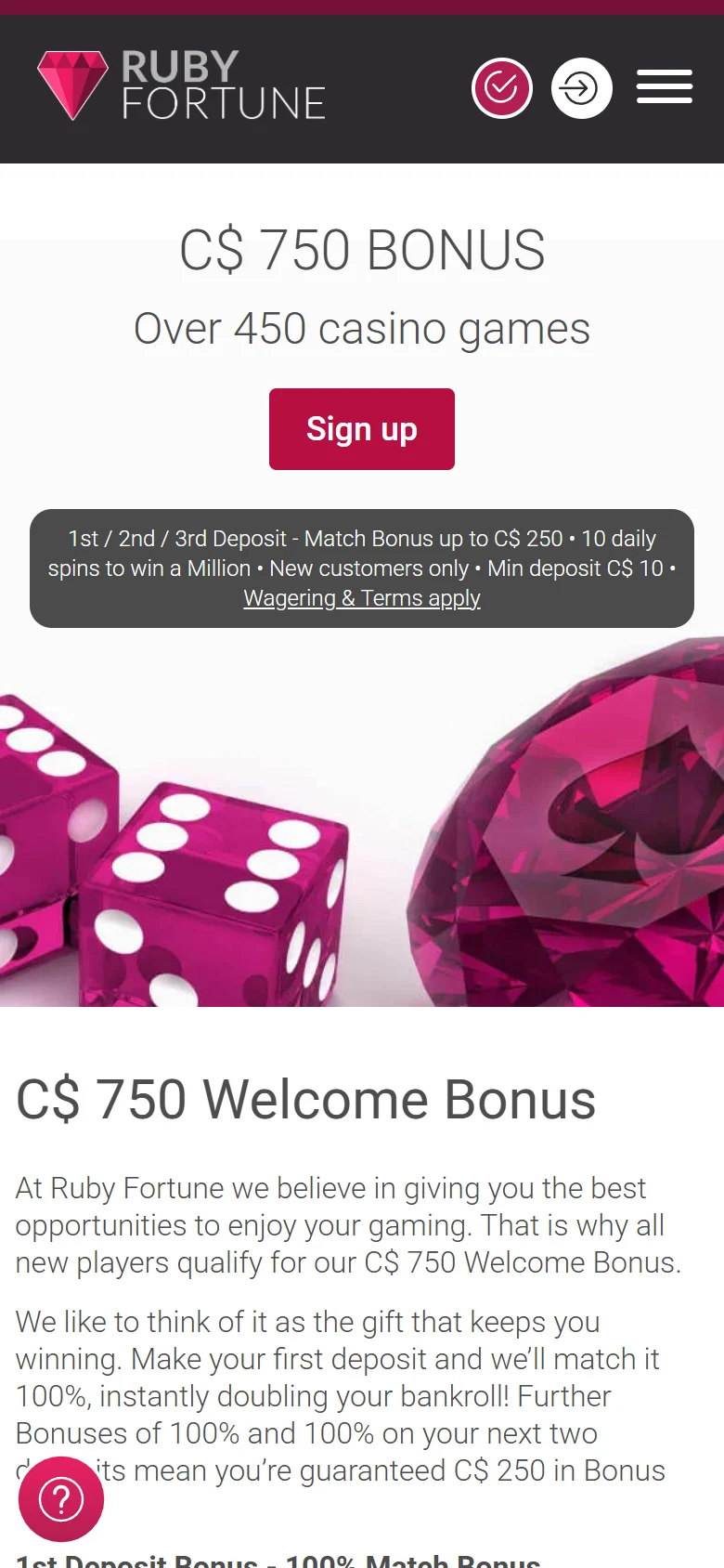 Ruby Fortune Casino mobile promotions page listing the welcome offer