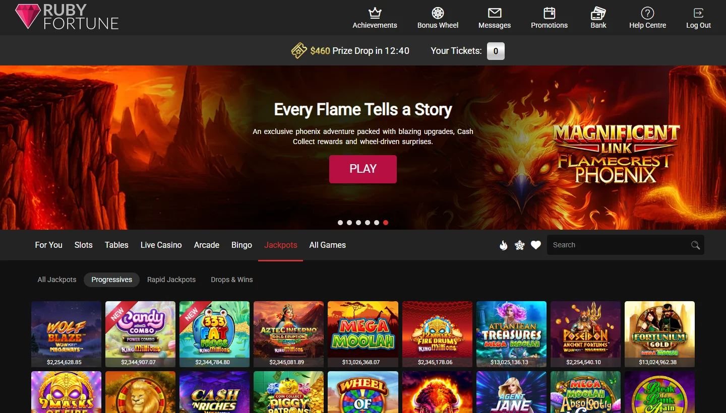 Ruby Fortune Casino Progressives filter showing Mega Moolah and WowPot slots with separate pool values