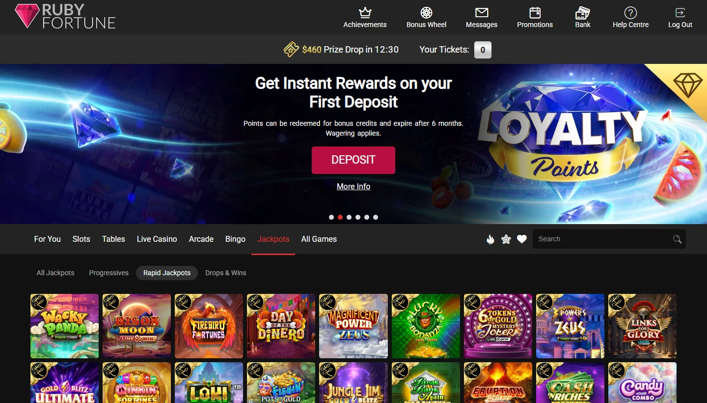 Ruby Fortune Casino Rapid Jackpots filter showing the must-win Lotsaloot tier