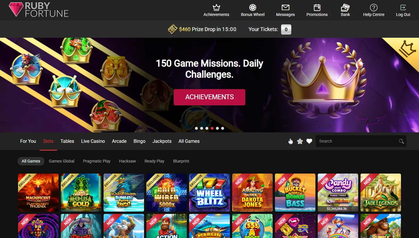 Ruby Fortune Casino slots tab filled with rows of slot tiles from multiple studios