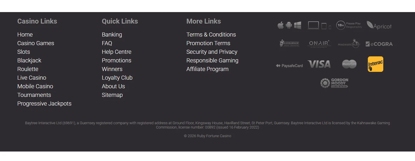 Ruby Fortune Casino footer naming Baytree Interactive and the Kahnawake licence number