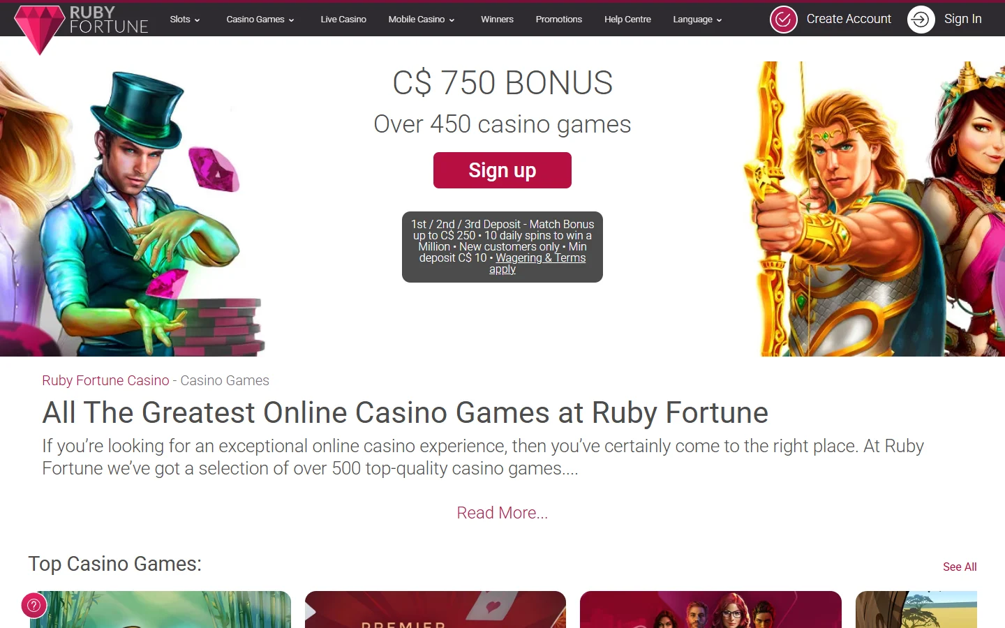 Ruby Fortune Casino public casino games page listing game categories