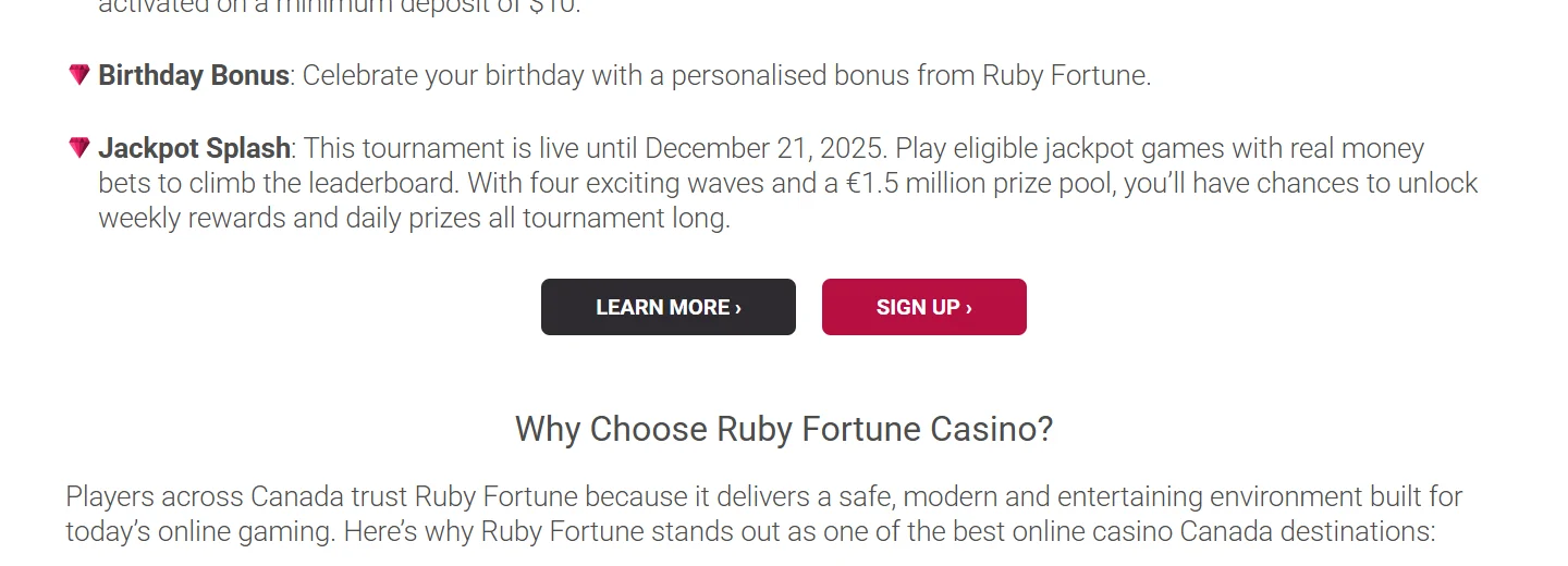 Ruby Fortune Casino homepage promoting a Jackpot Splash tournament as live until December 21, 2025