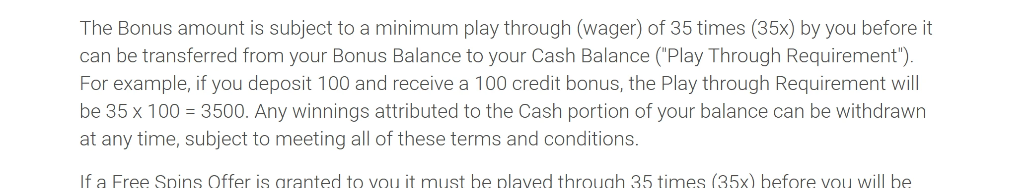 Ruby Fortune Casino terms stating a 35 times play-through with a worked example