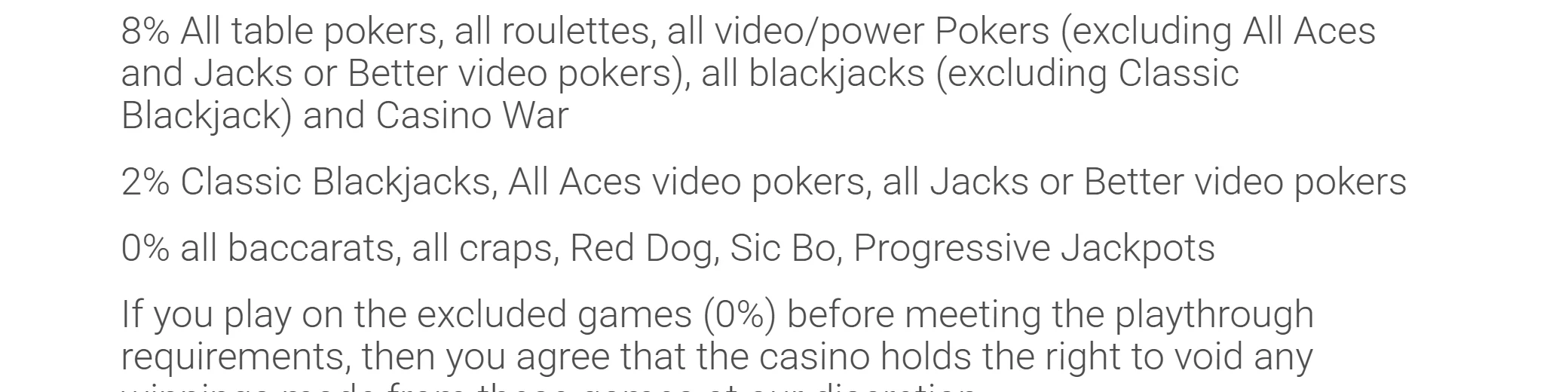 Ruby Fortune Casino terms weighting table showing progressive jackpots at 0 percent