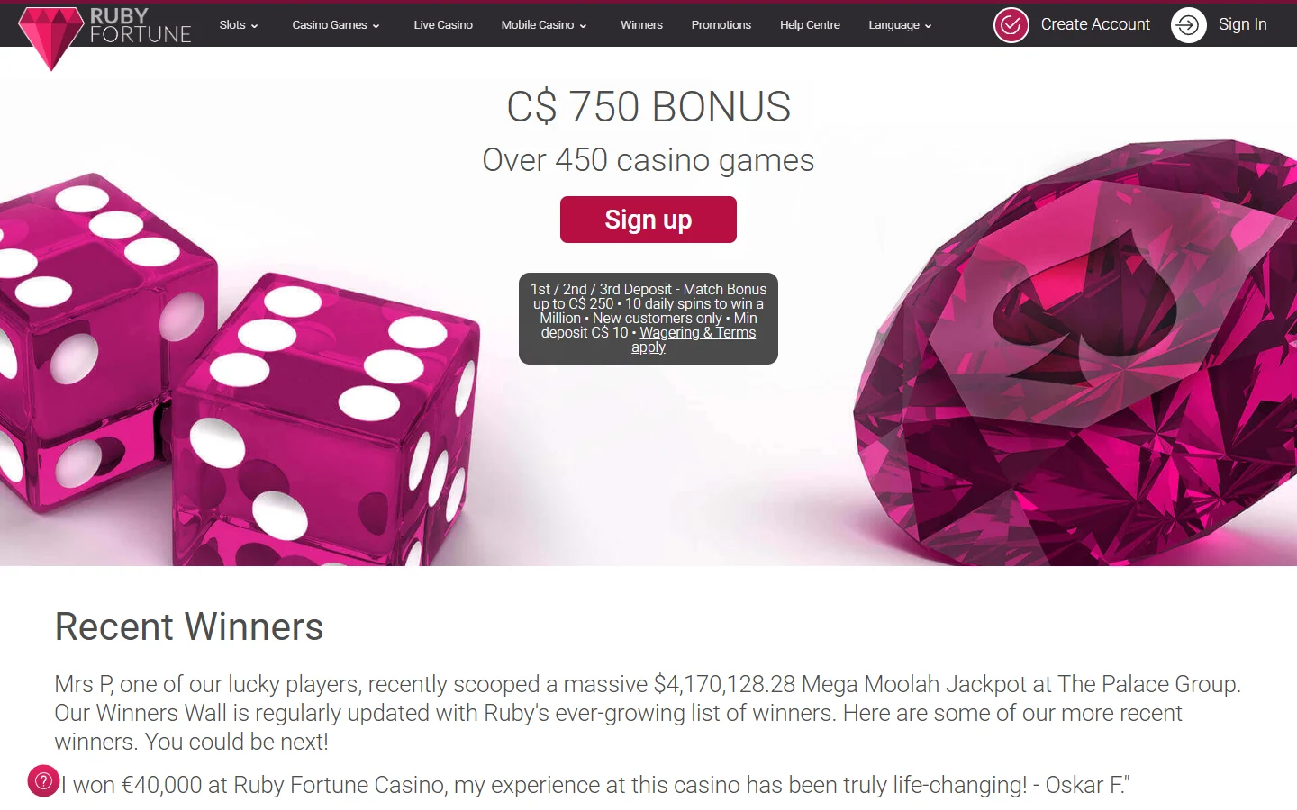 Ruby Fortune Casino recent winners page naming a 4.17 million dollar Mega Moolah jackpot