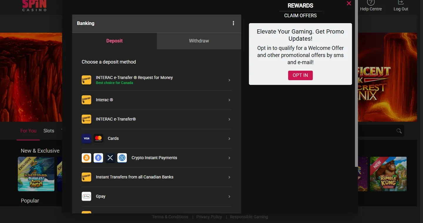 Spin Casino cashier deposit screen listing Interac, cards, crypto and Google Pay