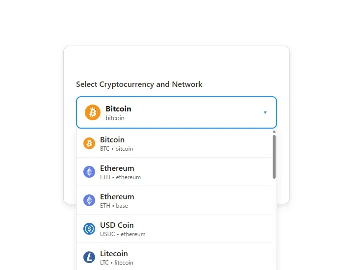 Spin Casino crypto deposit screen with the full cryptocurrency and network dropdown open