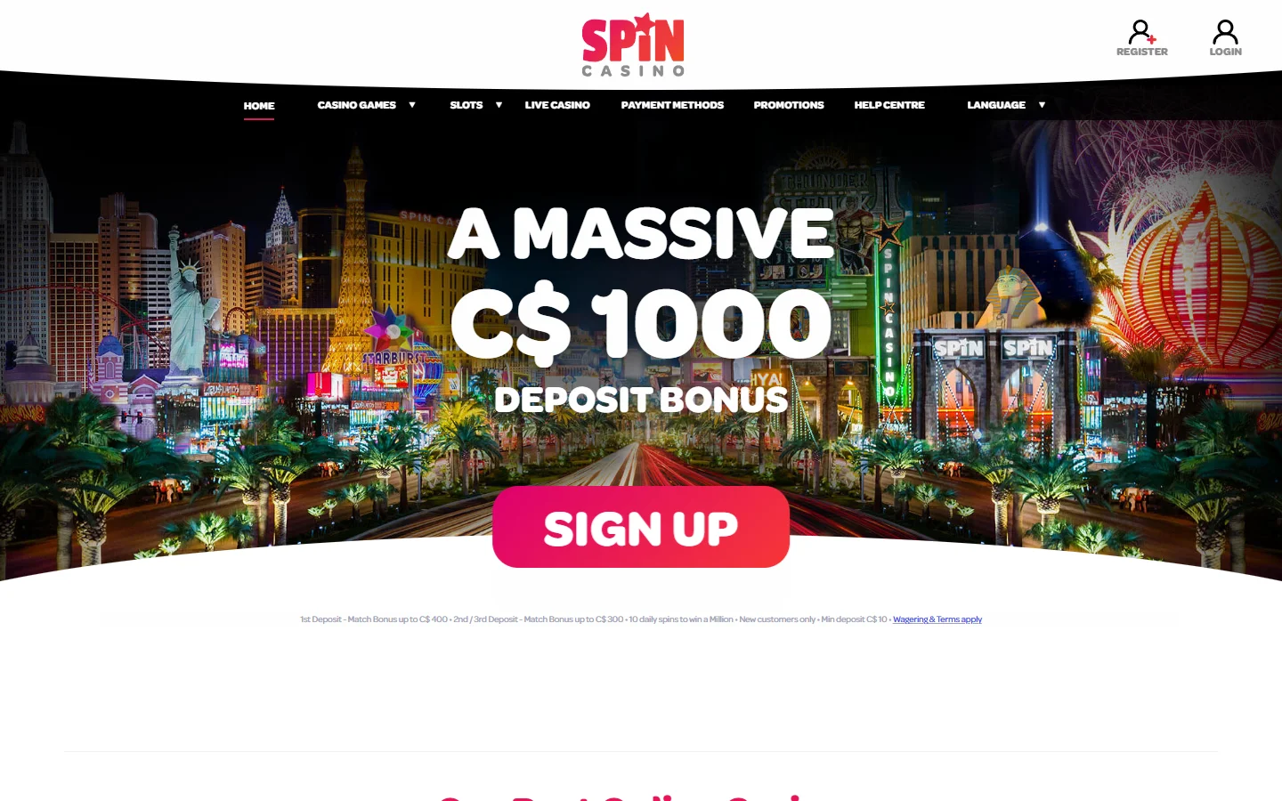 Spin Casino homepage for Canada with the C$1,000 deposit bonus banner