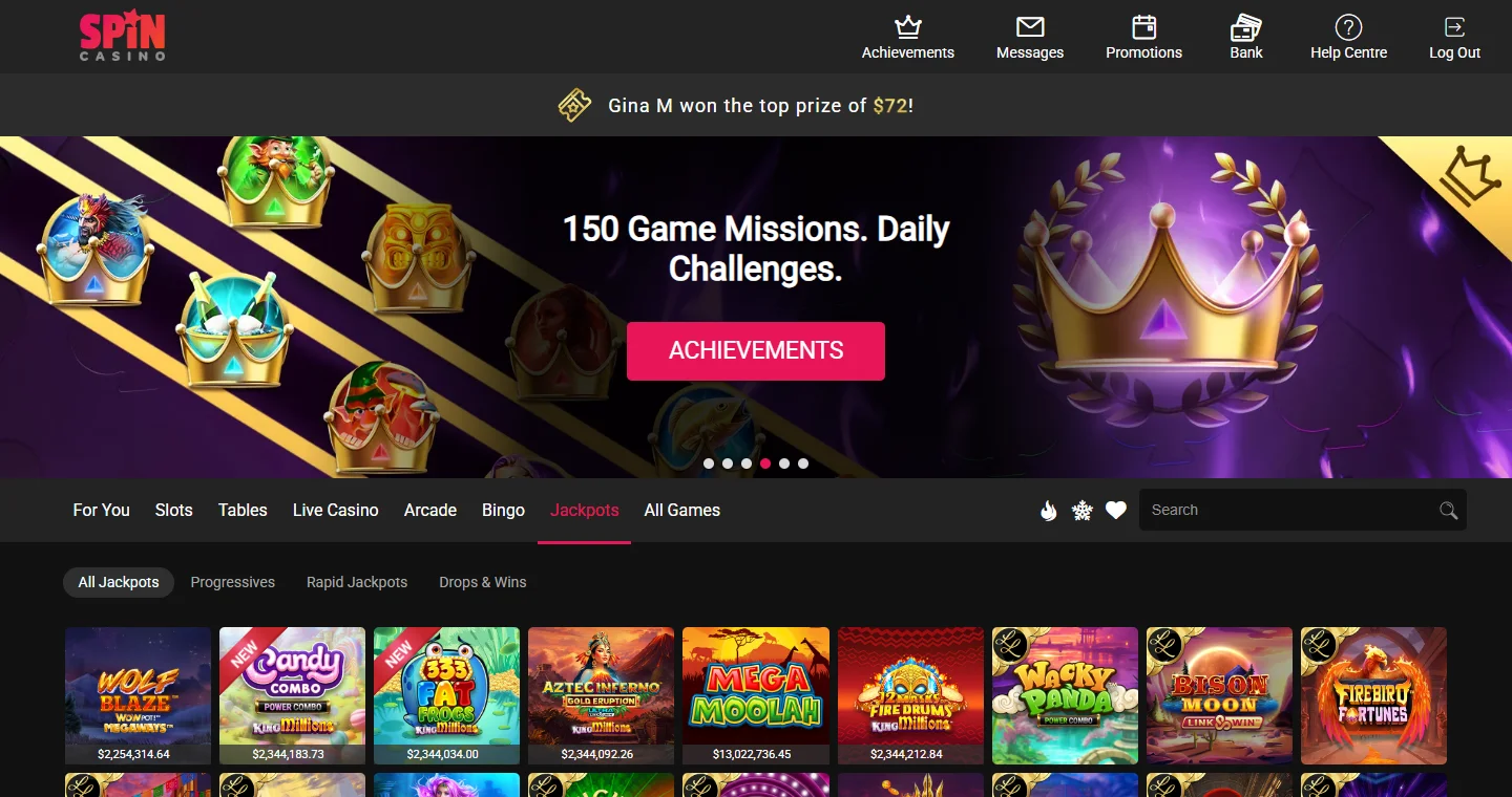 Spin Casino jackpots lobby showing live Mega Moolah and WowPot ticker values