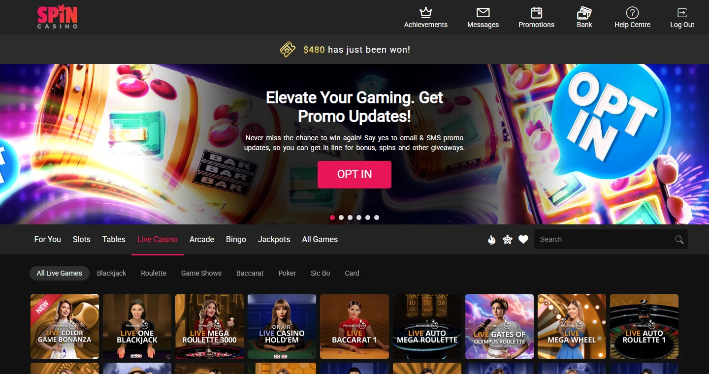 Spin Casino live casino tab with blackjack, roulette and game show tables