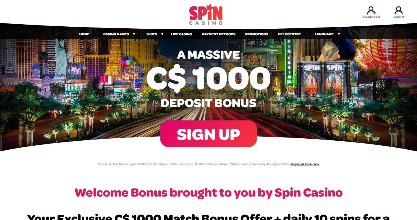 Spin Casino welcome bonus page showing the C$1,000 offer split across three deposits