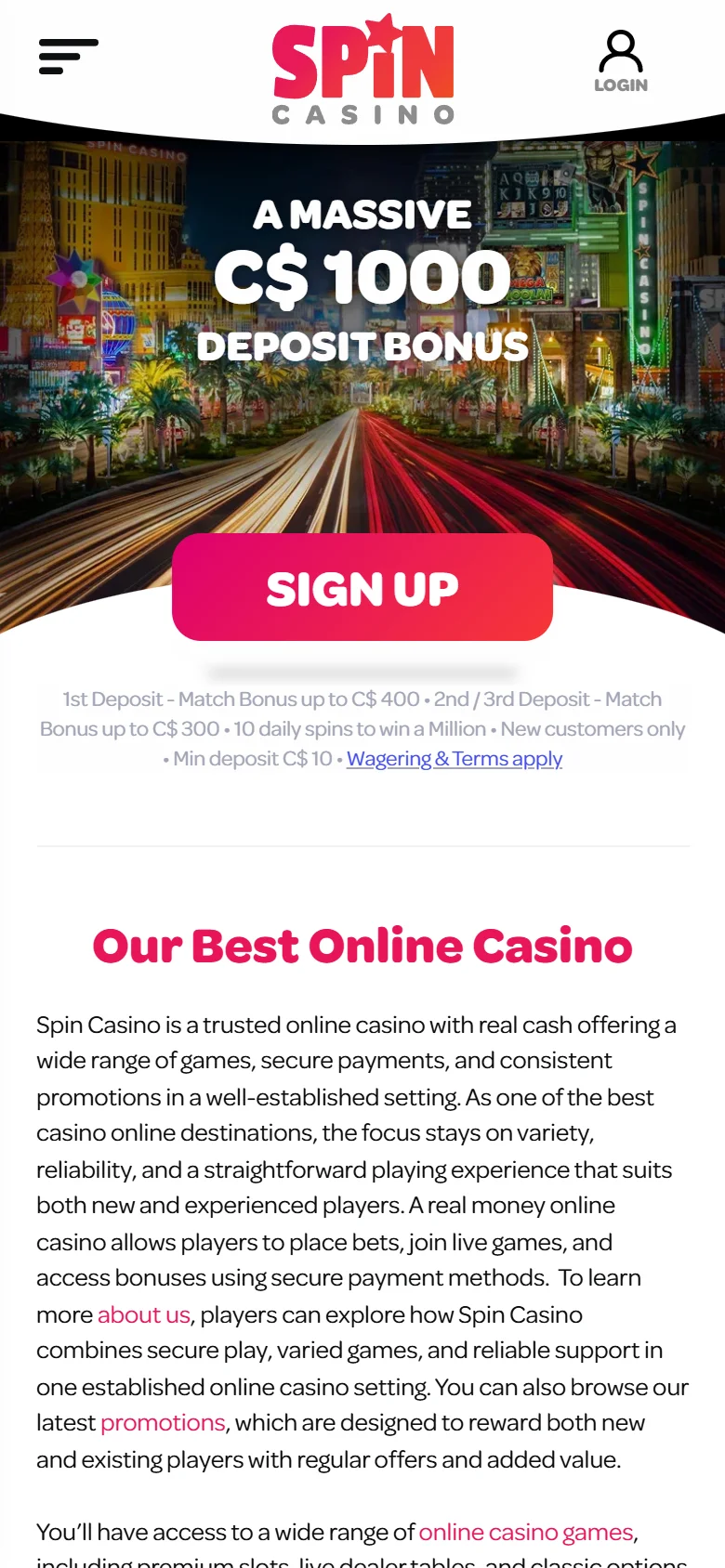 Spin Casino mobile homepage with the C$1,000 welcome offer