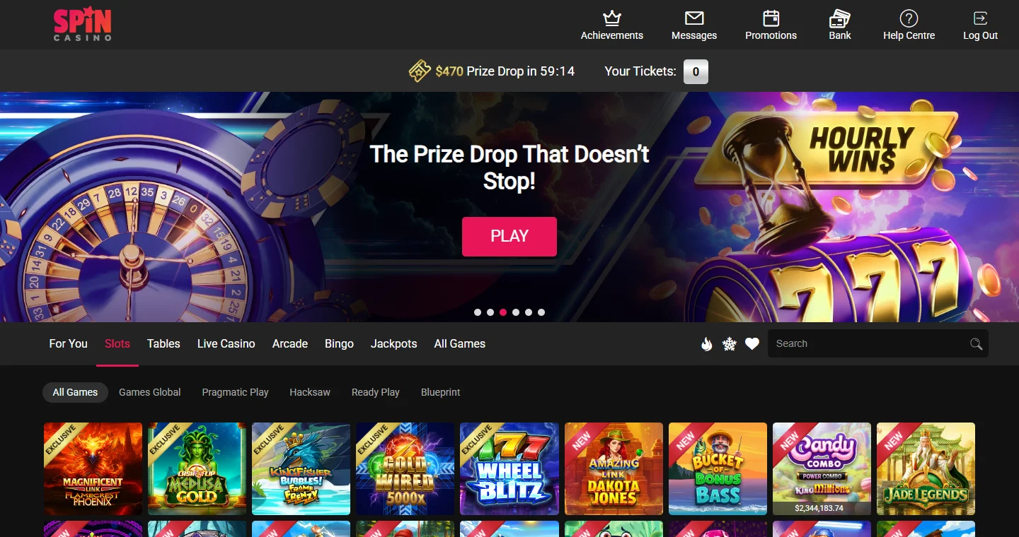 Spin Casino slots lobby with exclusive and new game titles