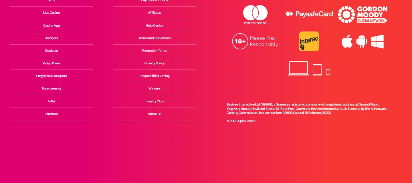 Spin Casino footer showing the Baytree Interactive licence line and responsible gambling badges