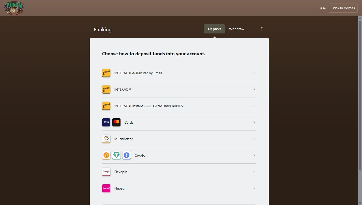 Yukon Gold Casino cashier deposit screen listing Interac, cards, MuchBetter, crypto, Flexepin and Neosurf