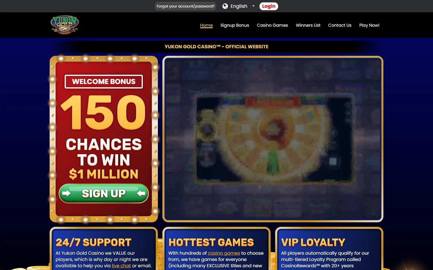 Yukon Gold Casino homepage offering 150 chances to win 1 million dollars beside a video of a wheel game