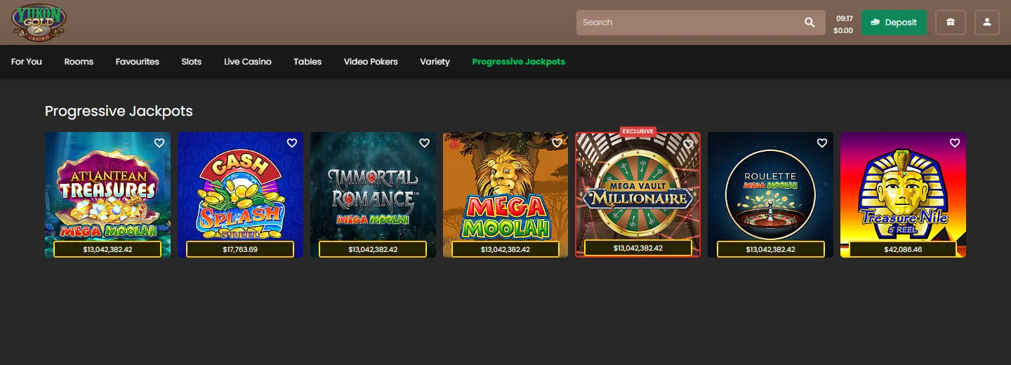 Yukon Gold Casino Progressive Jackpots tab showing all seven progressive games in one row