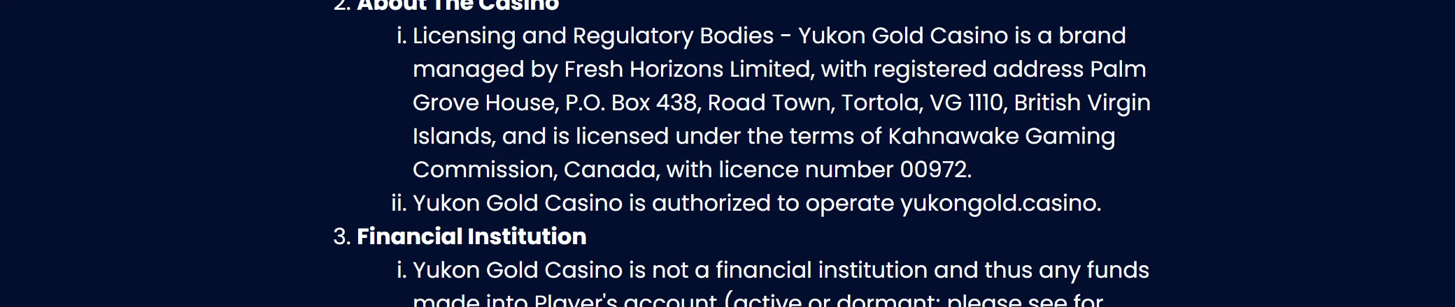 Yukon Gold Casino terms naming Fresh Horizons Limited and Kahnawake licence 00972