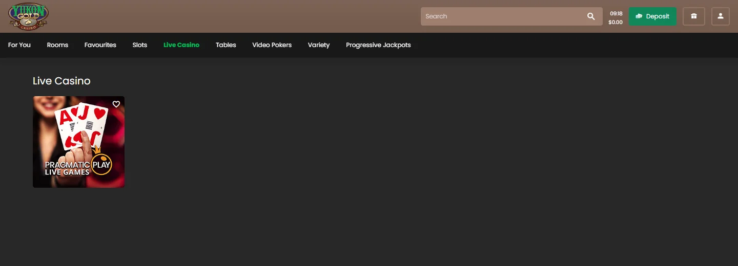 Yukon Gold Casino Live Casino tab containing a single Pragmatic Play portal tile