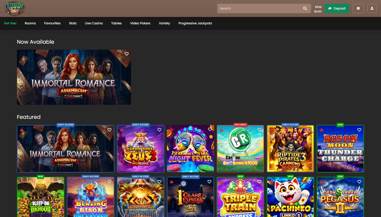 Yukon Gold Casino For You lobby page with featured and new game rows