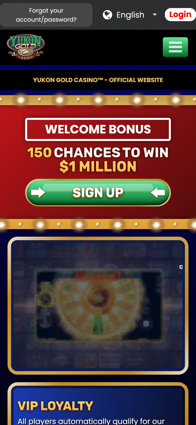 Yukon Gold Casino mobile homepage with the 150 chances banner