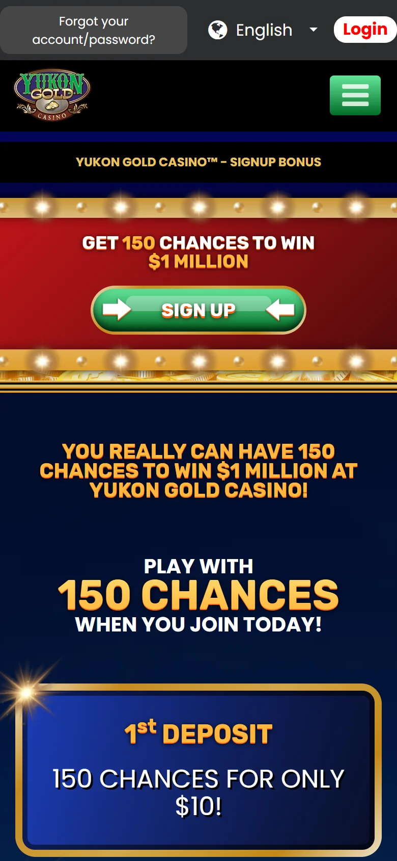 Yukon Gold Casino mobile signup bonus page with the two deposit offers