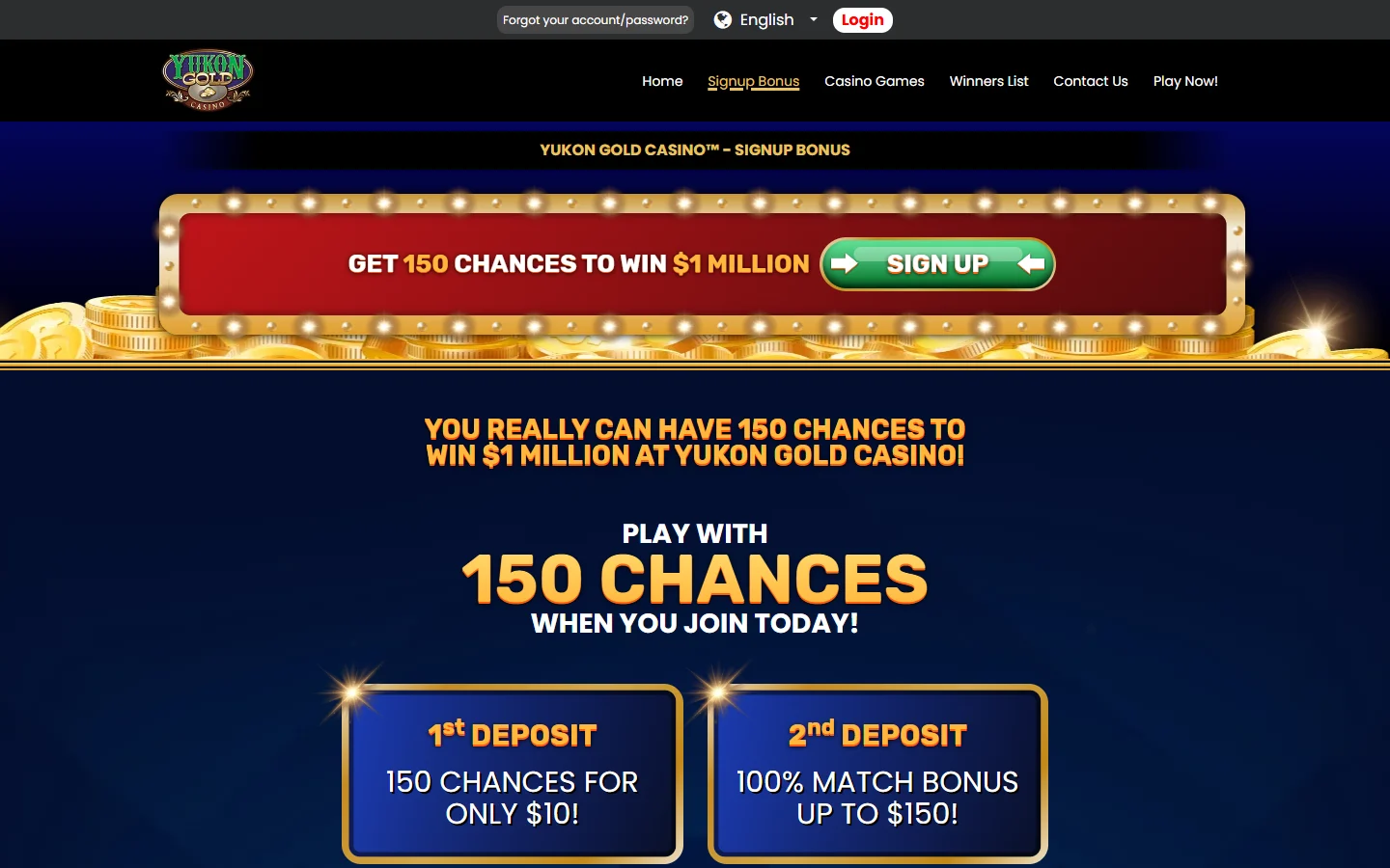 Yukon Gold Casino signup bonus page listing the two deposit offers without naming a game
