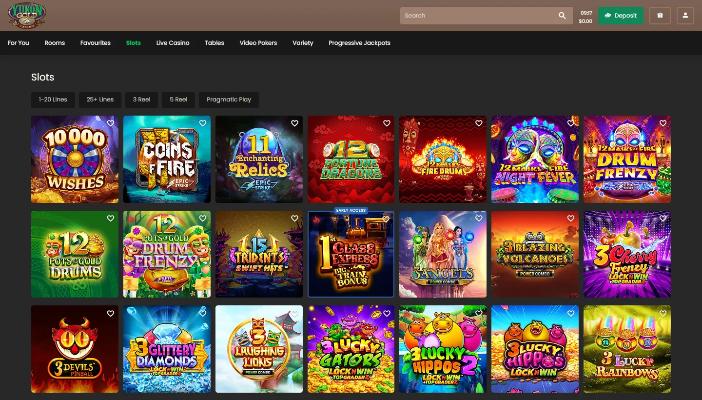 Yukon Gold Casino Slots tab with rows of slot tiles and filter buttons