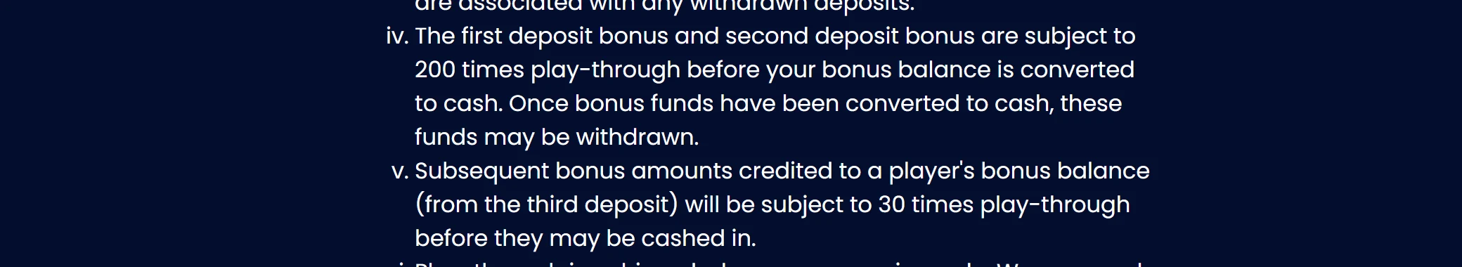 Yukon Gold Casino terms stating 200 times play-through on the first and second deposit bonuses