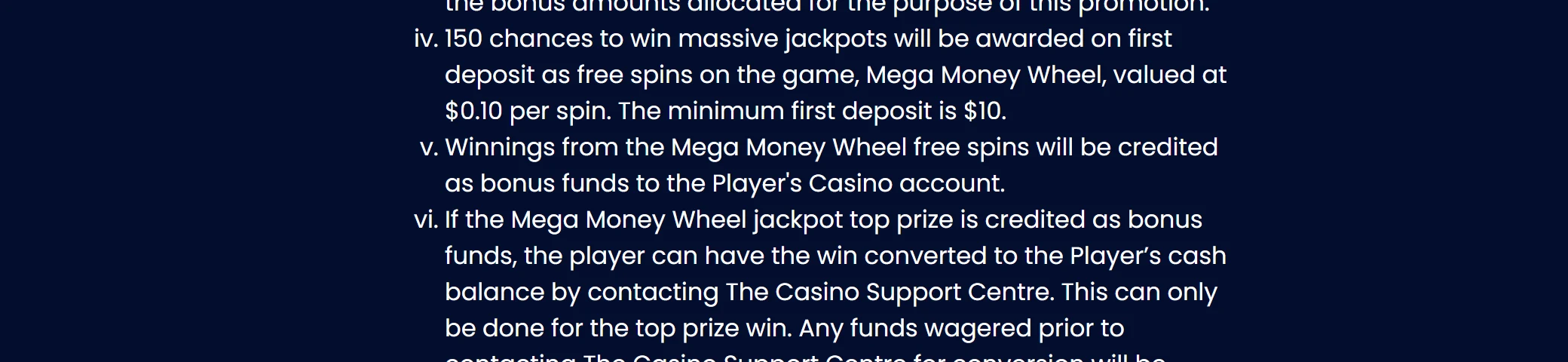 Yukon Gold Casino terms naming Mega Money Wheel at 10 cents per spin with winnings credited as bonus funds