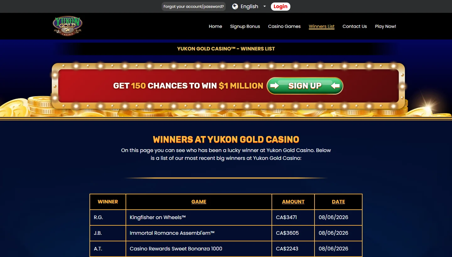 Yukon Gold Casino winners list showing player initials, games, amounts and dates