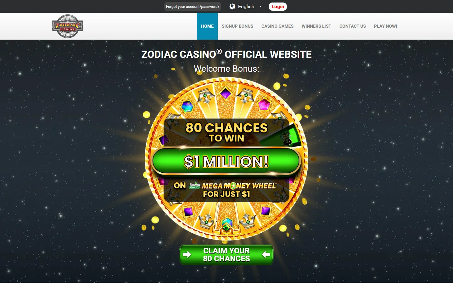 Zodiac Casino homepage showing 80 chances to win $1 million on Mega Money Wheel for $1