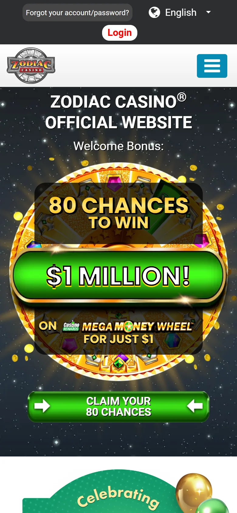 Zodiac Casino mobile homepage with the 80 chances wheel graphic