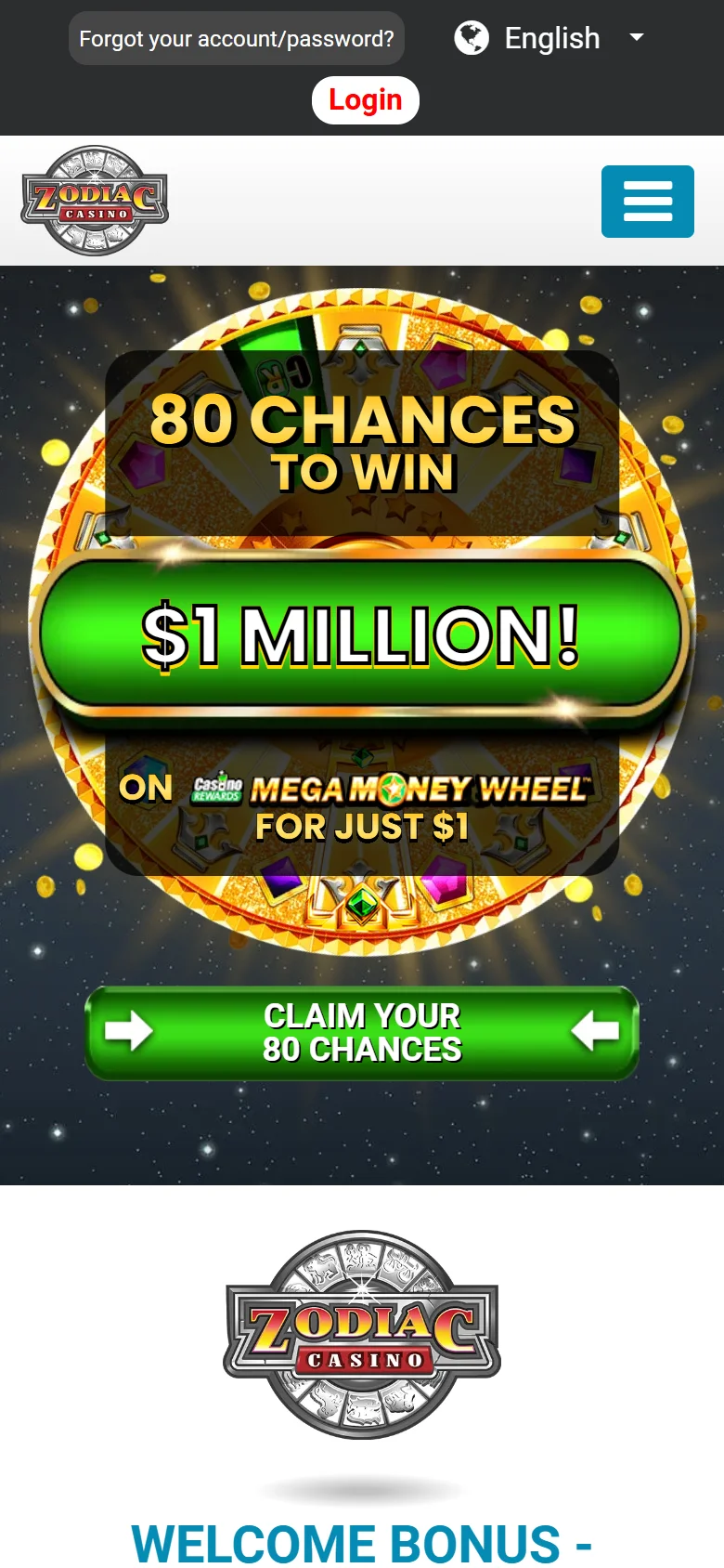 Zodiac Casino mobile signup bonus page listing the deposit ladder