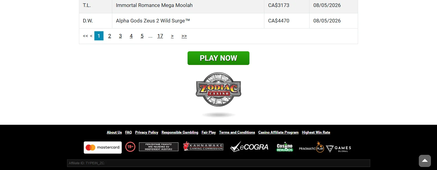 Zodiac Casino footer with Kahnawake, eCOGRA, Casino Rewards, Pragmatic Play and Games Global badges