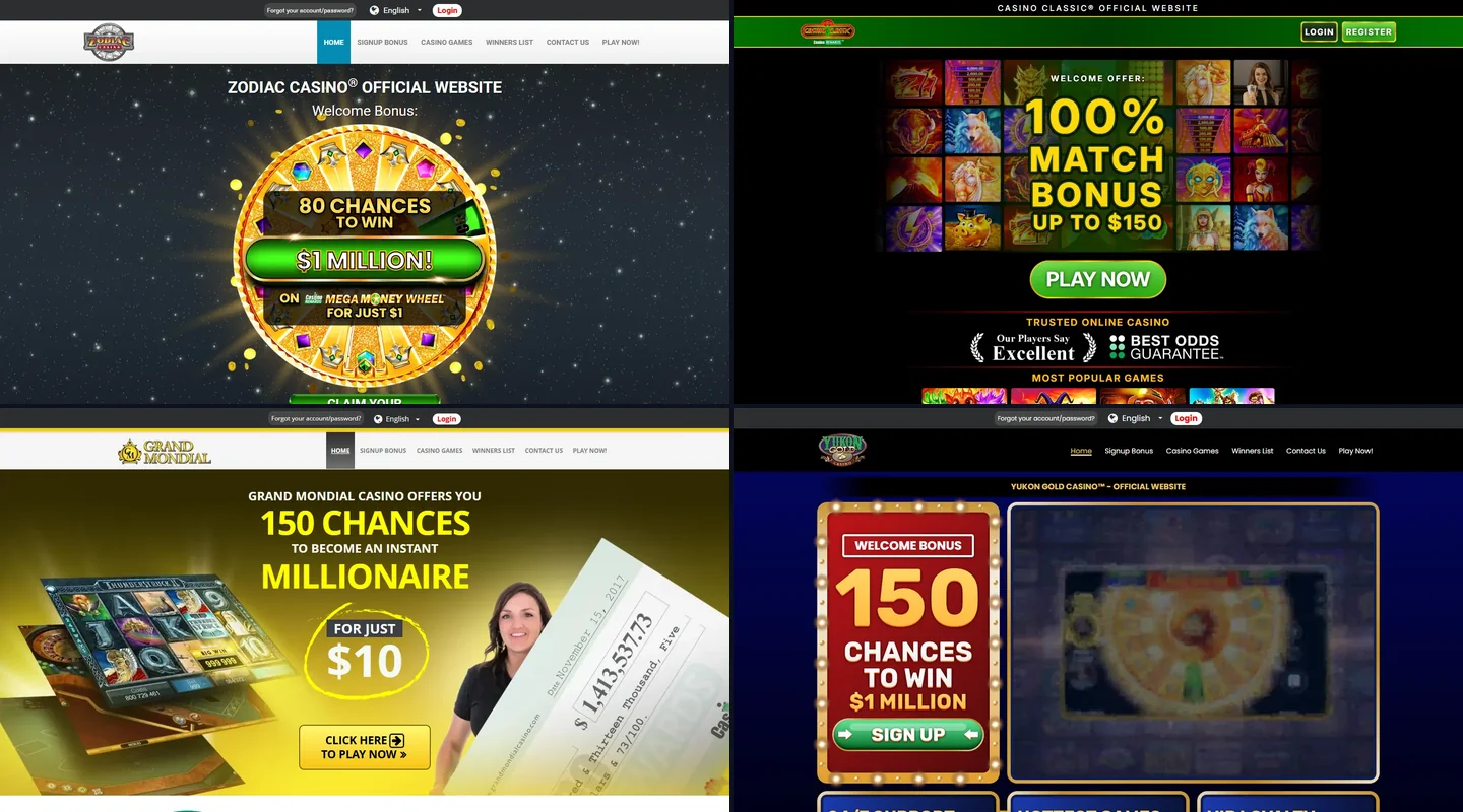 The four Casino Rewards casinos serving Canada side by side: Zodiac's $1 offer, Casino Classic's $150 match, Grand Mondial's and Yukon Gold's 150 chances