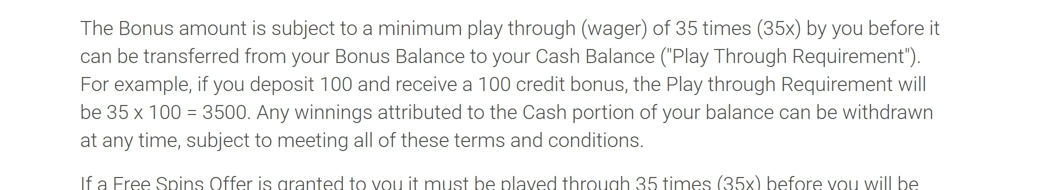 Casino wagering requirements defined in a real terms document: the 35x play-through clause with the casino's own 100-dollar example