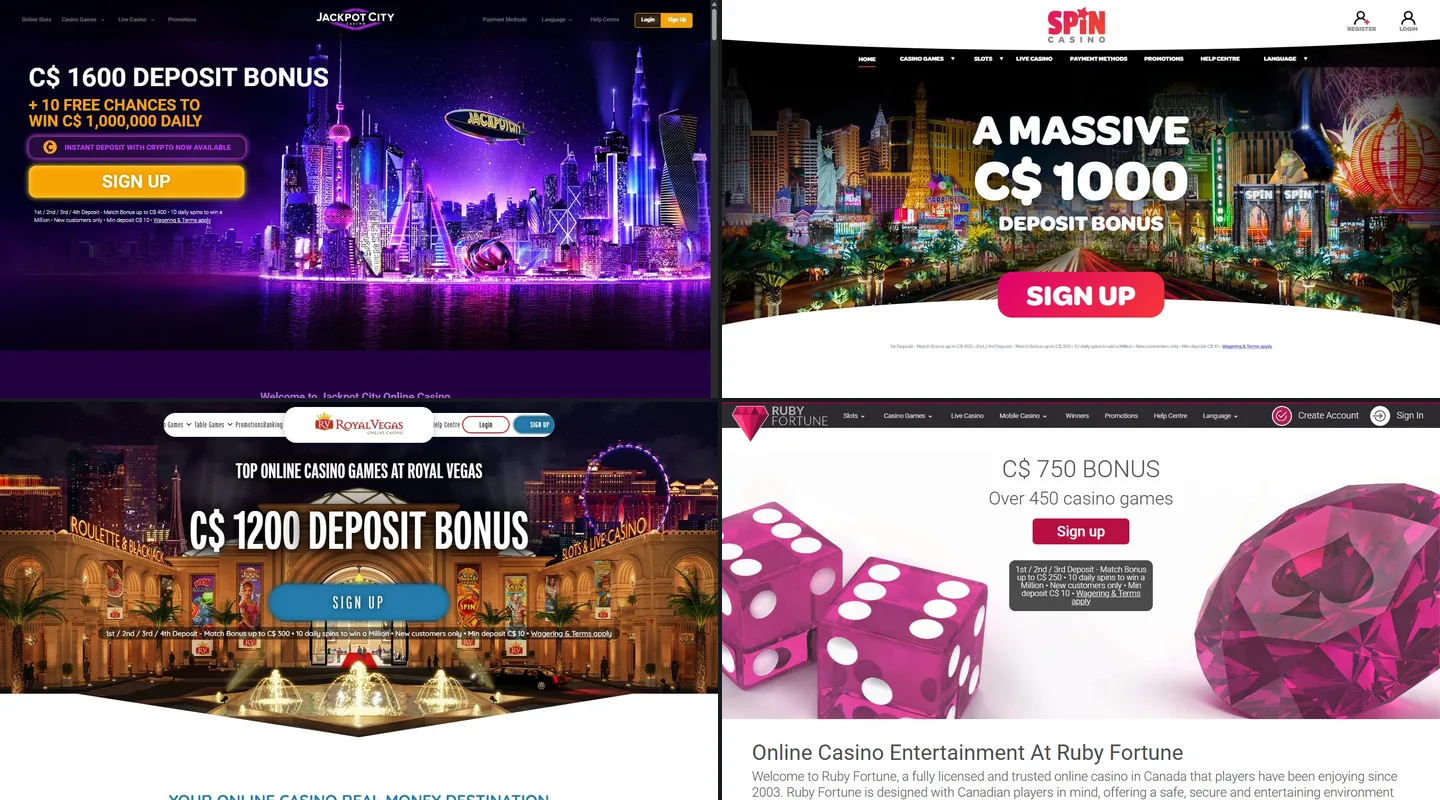 Casinos like Jackpot City side by side: the Jackpot City, Spin Casino, Royal Vegas and Ruby Fortune homepages with their C$1,600, C$1,000, C$1,200 and C$750 welcome offers