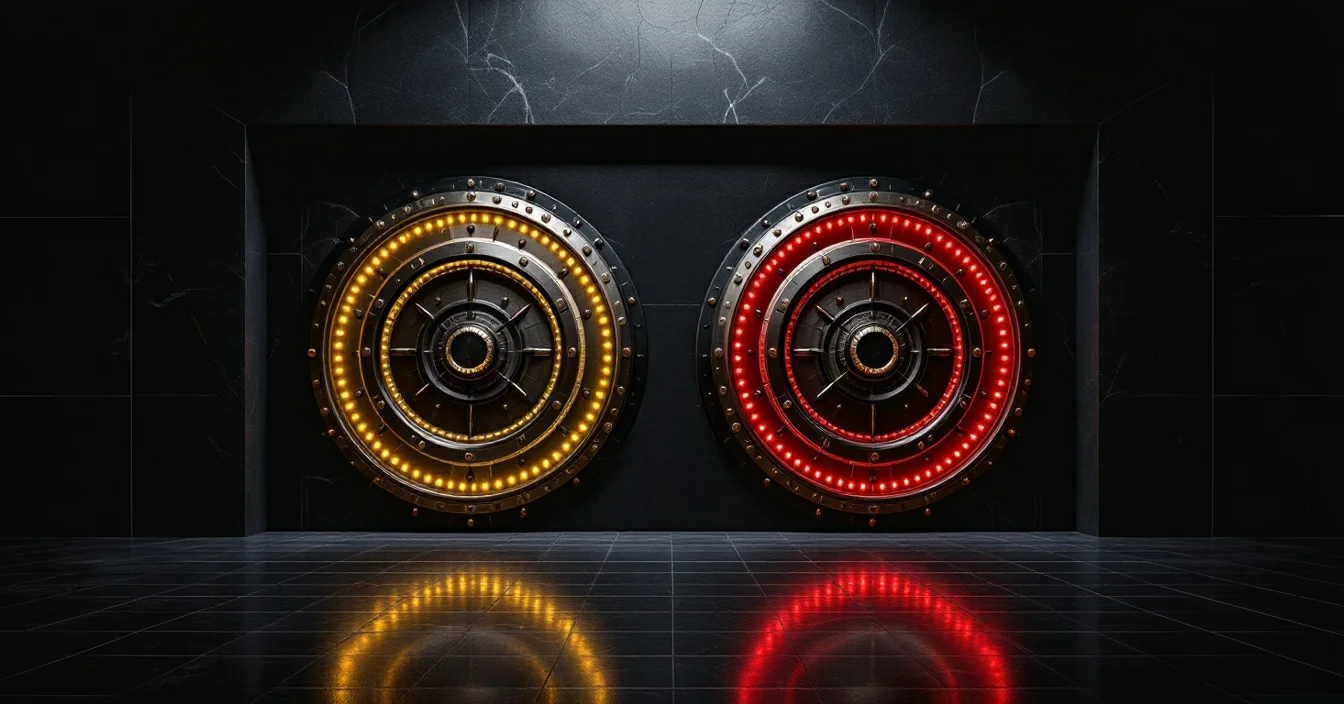 Two vault doors, one gold and one red, for the two companies behind the jackpot casinos Canada plays at