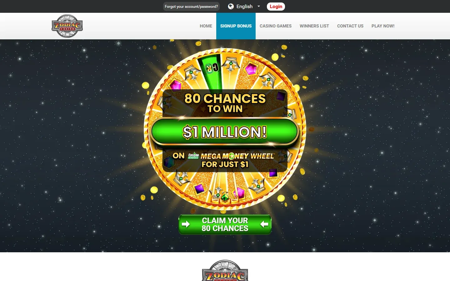 The Mega Moolah $1 deposit myth at the source: Zodiac Casino's signup banner offering 80 chances to win $1 million on Mega Money Wheel for just $1