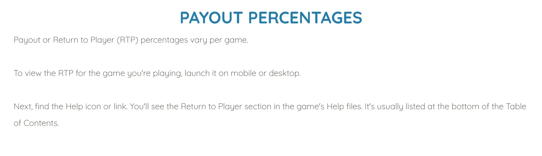 Why a Mega Moolah RTP list has to come from the data feed: a casino's own Payout Percentages page containing no percentages at all