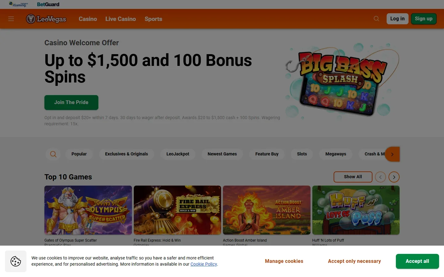 Online gambling laws in Canada at work: LeoVegas's legal Ontario storefront with the iGaming Ontario mark in the top corner