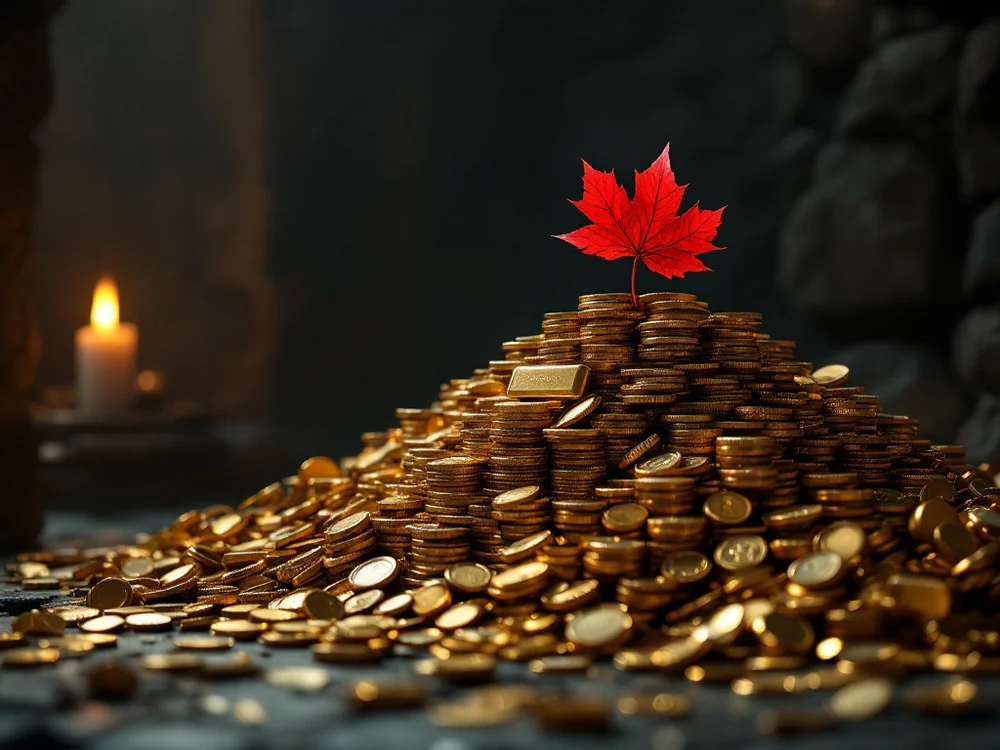 Hoard of gold coins and bars with a red maple leaf on top